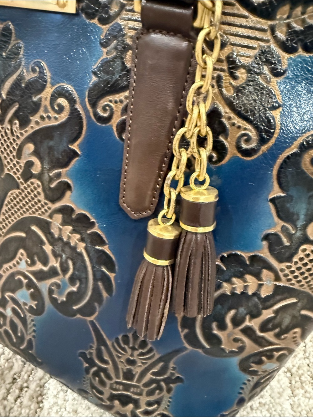 Brahmin Blue & Brown Damask Embossed Medium Asher Navy Fresco Tote w/card - Picture 4 of 10